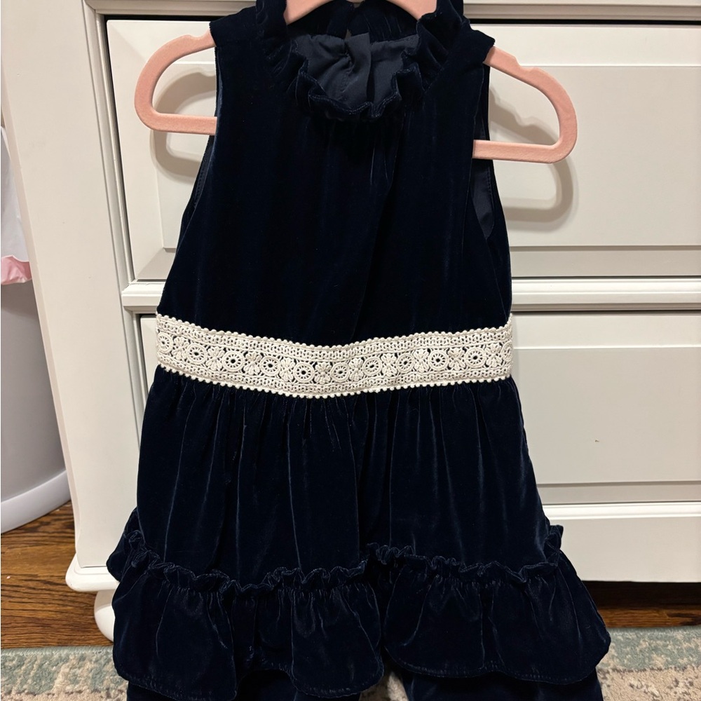 Janie and Jack Navy Blue Velvet Dress with White Lace